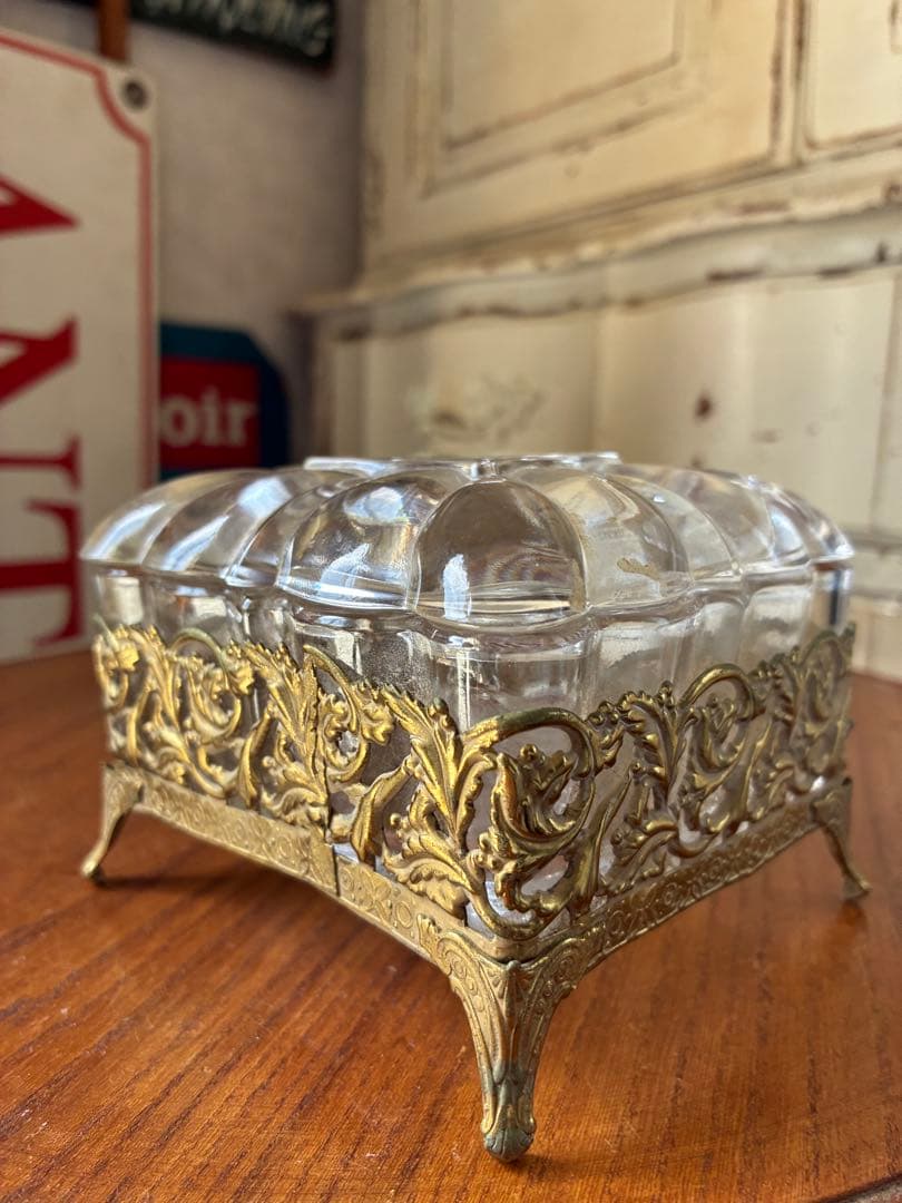 フランス　アンティーク　オルモル　ガラス　ジュエリー　ボックス　ゴールド　真鍮