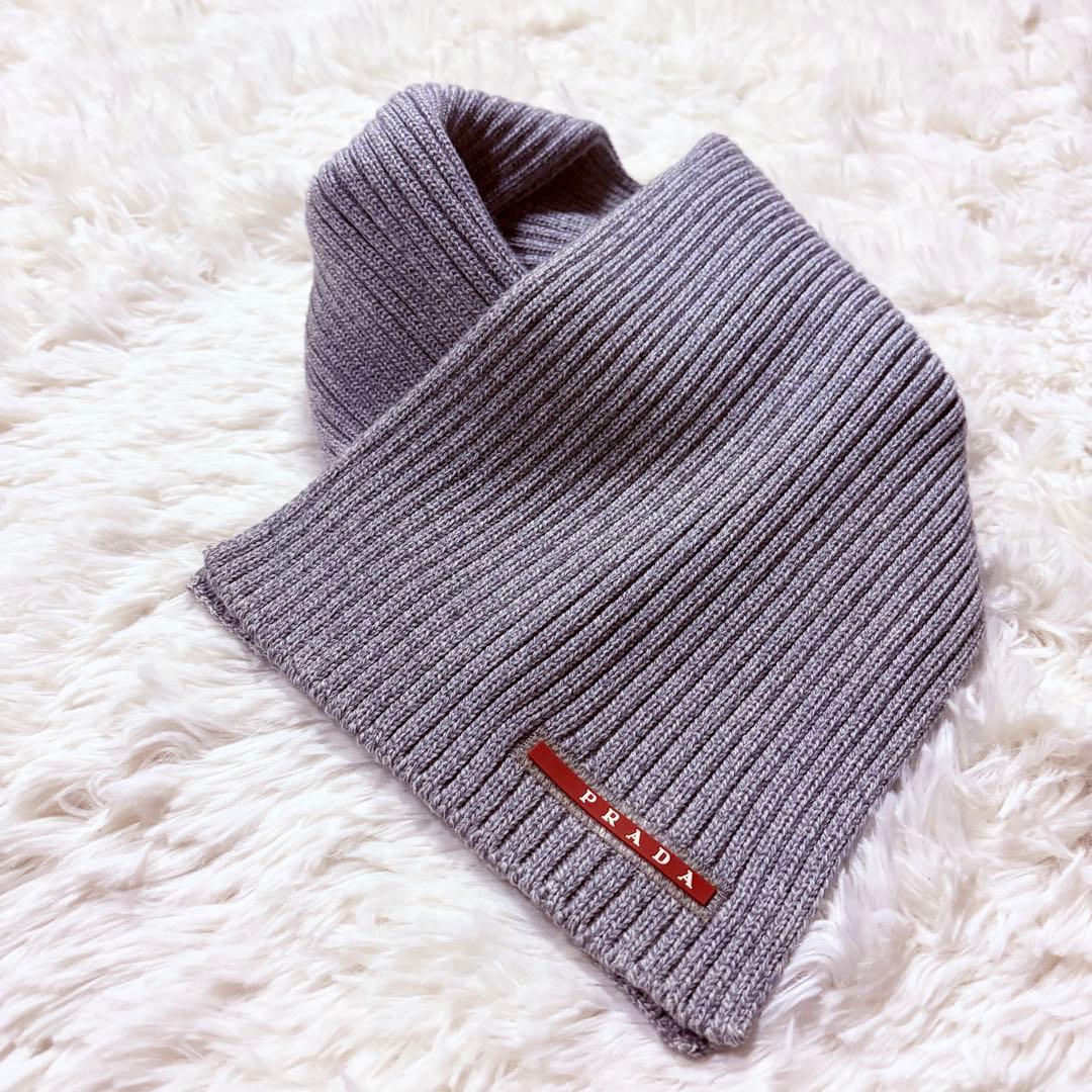 希少★PRADA プラダ スポーツラインロゴ ウールマフラー グレー