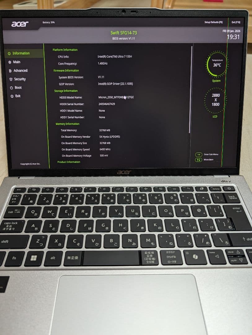 ​【起動確認】Swift Go Core Ultra7 32GB 水没ジャンク