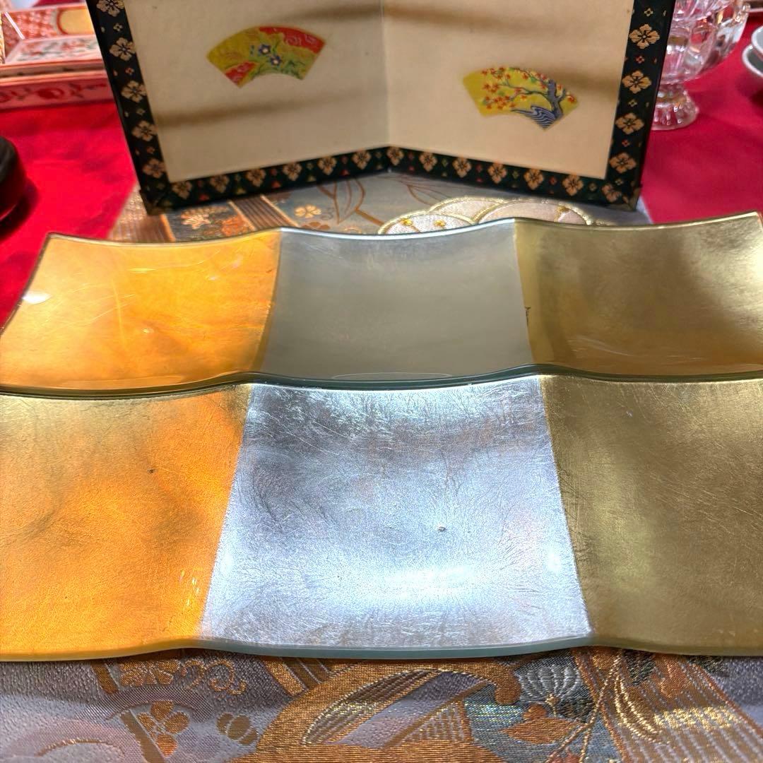 まま 金彩角皿　庫山窯羽子板皿　金銀ガラス製プレート16客 No.4-36