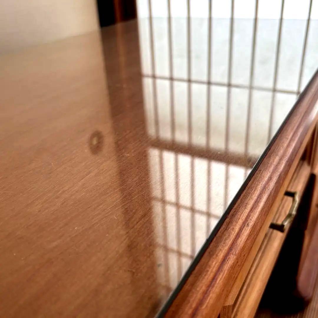 特注品【無垢材×ガラス天板】和モダン デスク ローテーブル 5杯 柿渋×蜜蝋