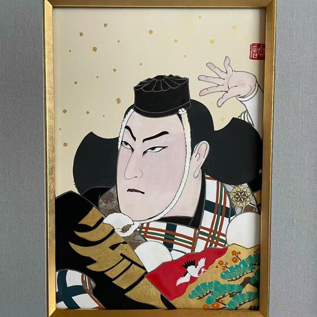 真作　長谷川貞信　五代目　「弁慶」　役者絵　共シール　金箔落　日本画家、浮世絵師