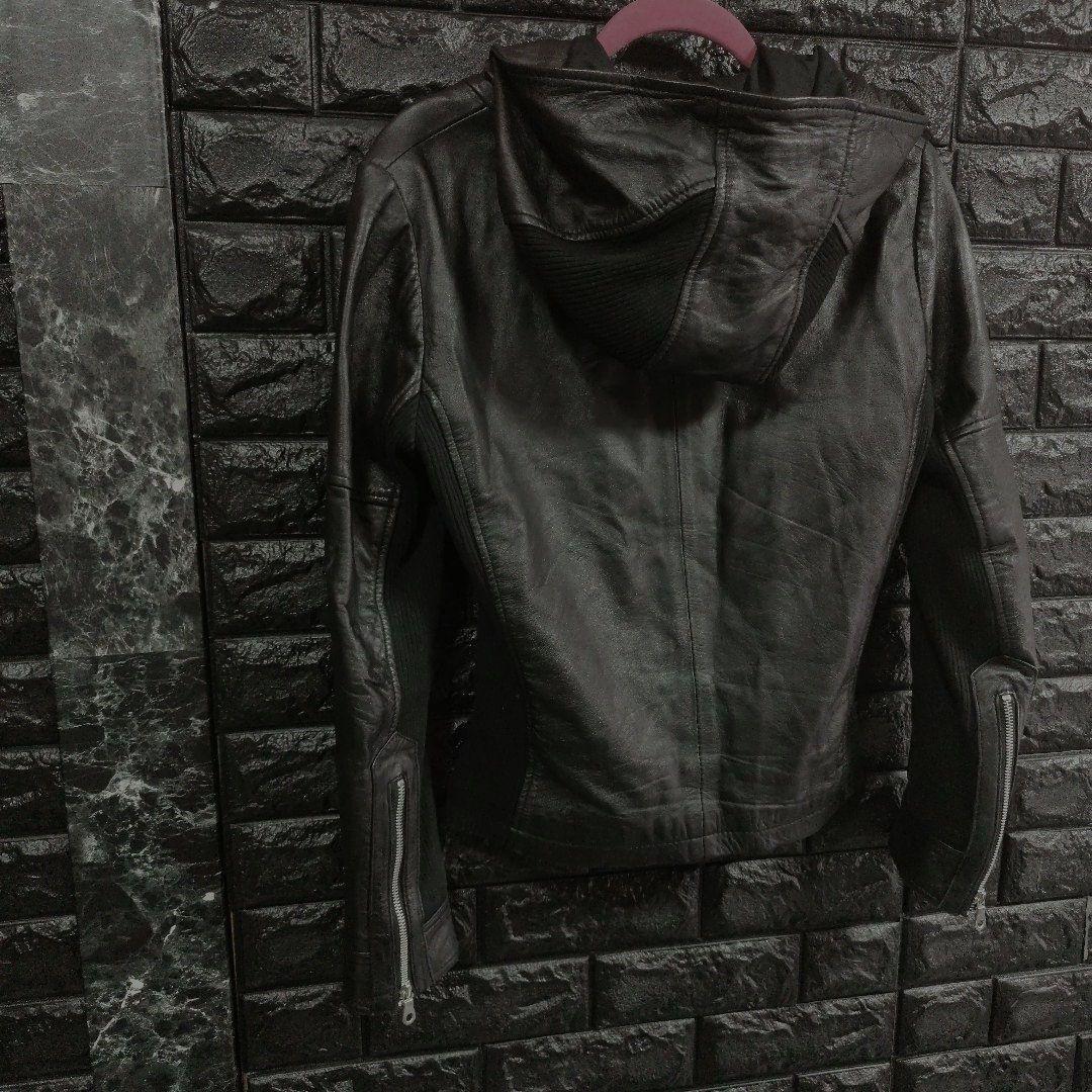 月星ノーアイディー黒ラムレザーシングルライダースフード付きジャケット完売品
