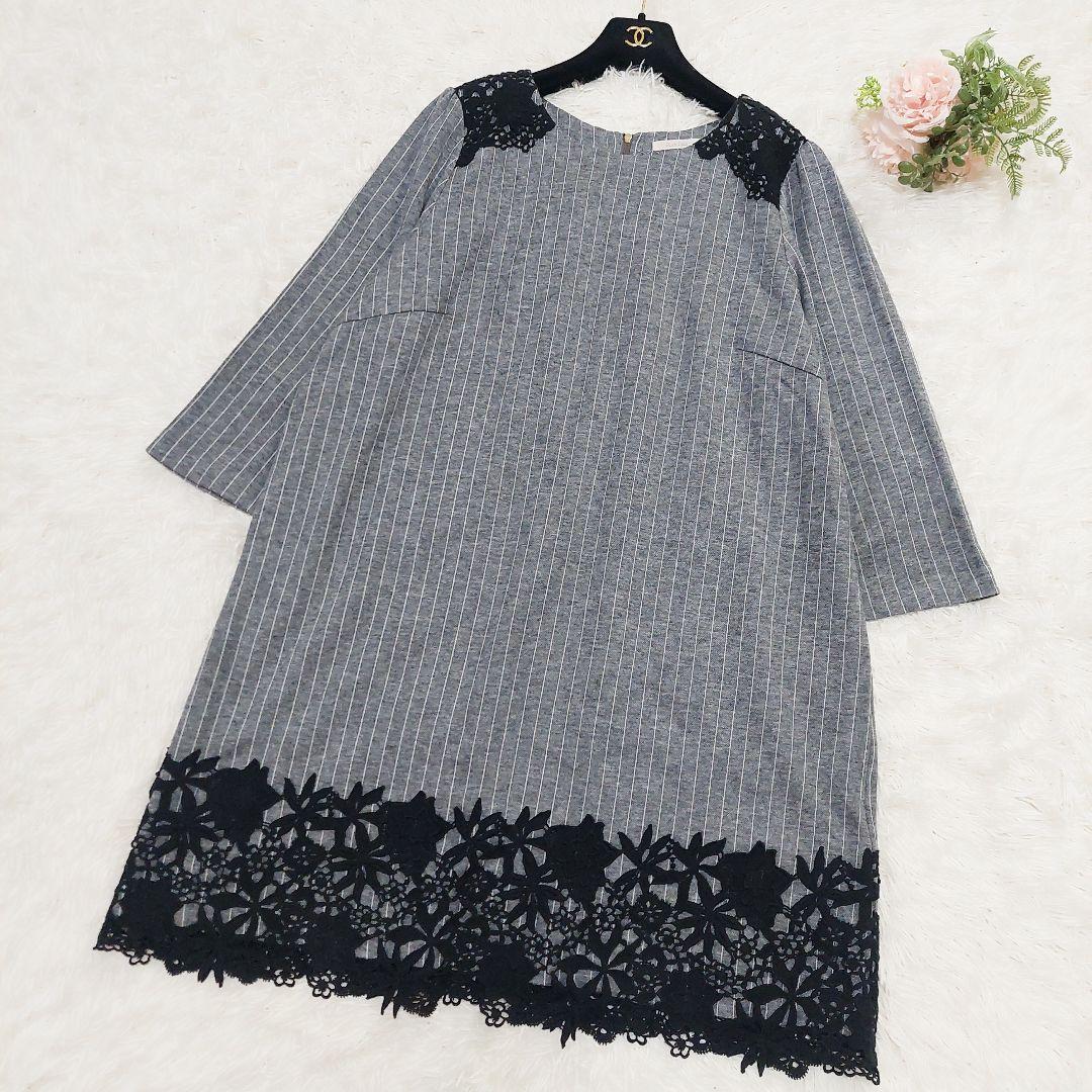 ローズティアラ 大きいサイズ 50 花柄 レース ストライプ ウール ワンピース