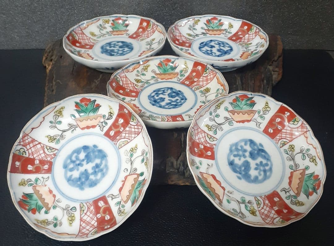 明治時代初期古伊万里染錦狩猟の図波文様小皿豆皿手塩皿5客