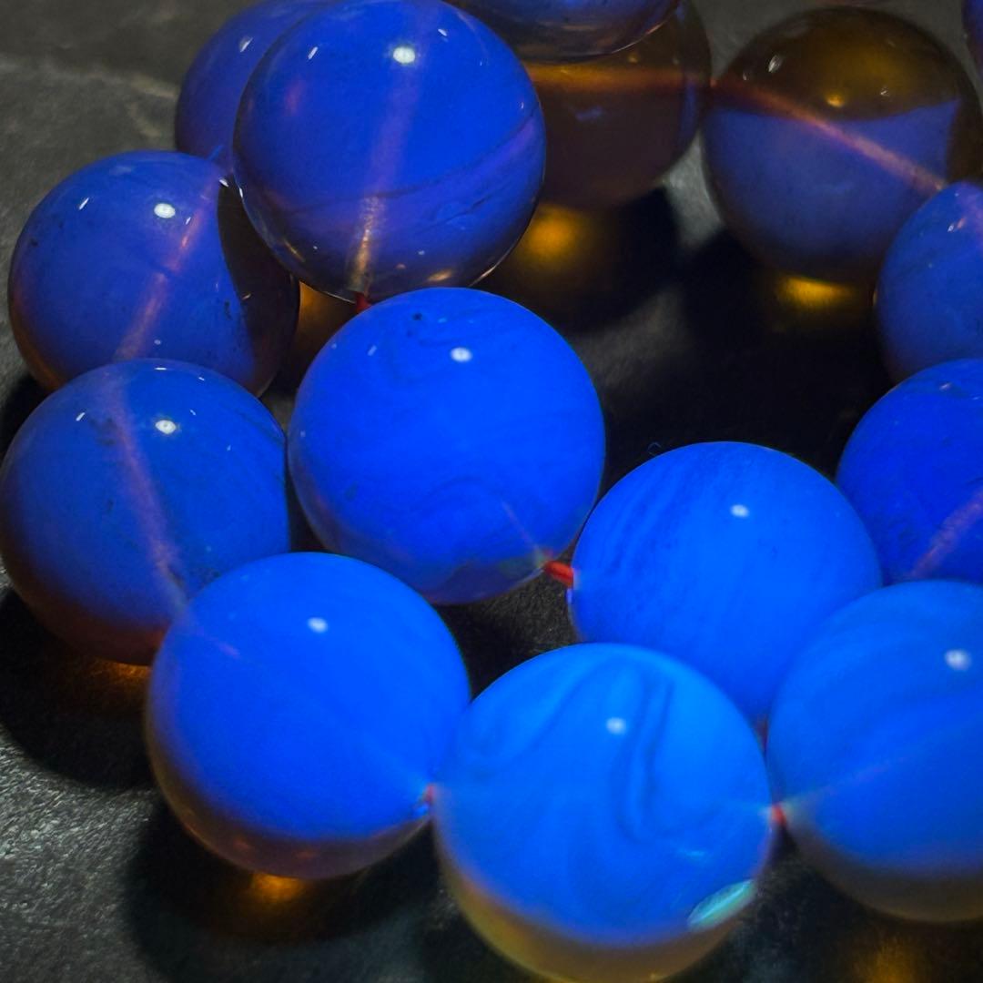 ☆別格高級品！来福良縁宝珠③！極美！琥珀　ブルー　アンバー　ブレス