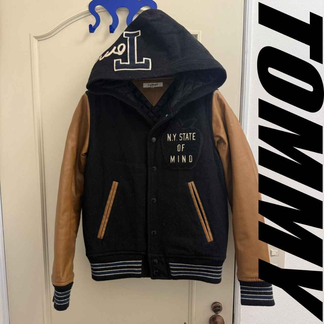 トミーヒルフィガーTOMMYフード付き袖革レザースタジャン/アワード