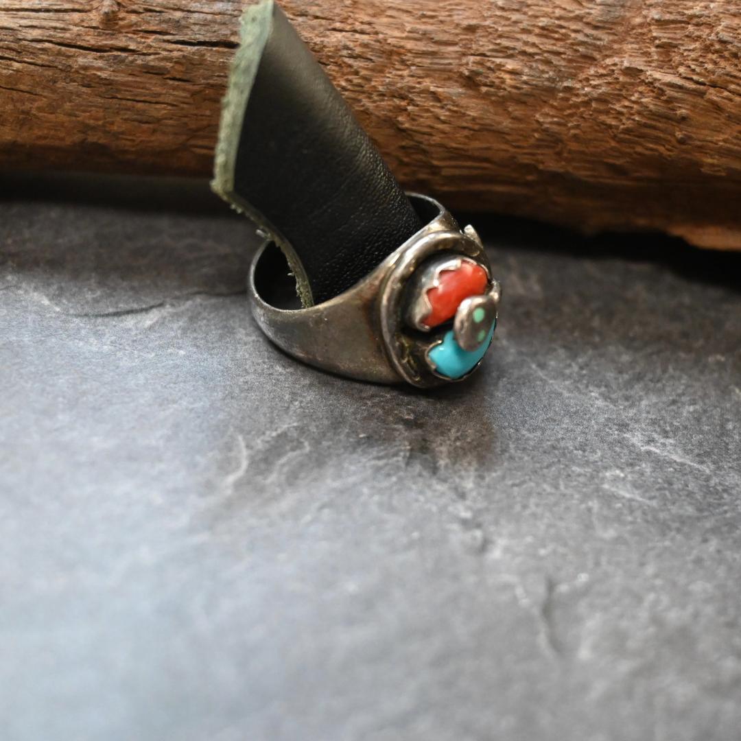 ズニ族 エフィー カラバサ ターコイズ リング コーラル　珊瑚 18号 zuni