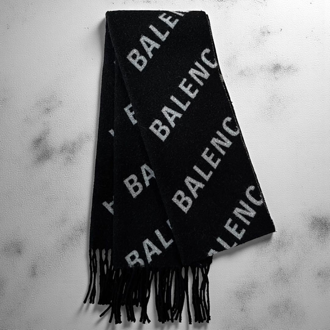 美品 バレンシアガ ロゴ ウール マフラー スカーフ ブラック 大判