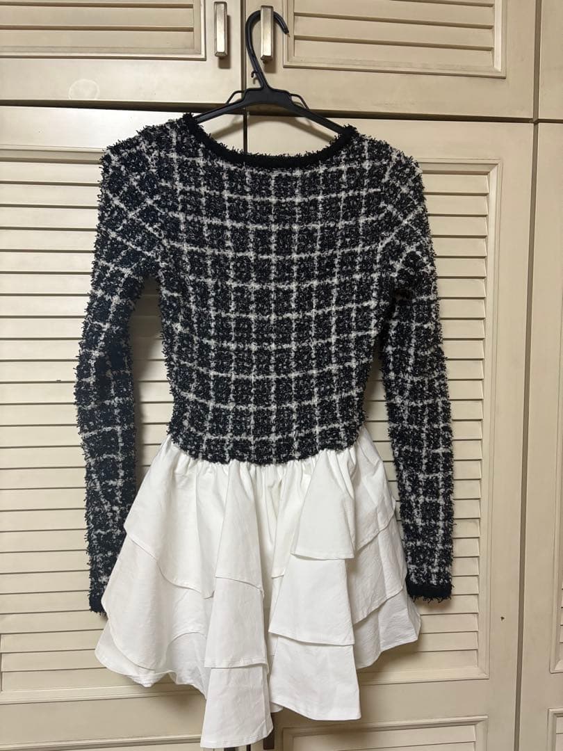 Darich ダーリッチ　ボリュームフリルツイードニットミニワンピース　ブラック