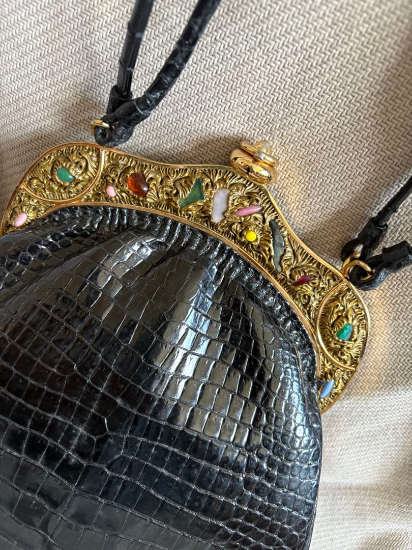 濱野皮革工藝 ハマノ ハンドバッグ サンピエトロ がま口 ビジュー