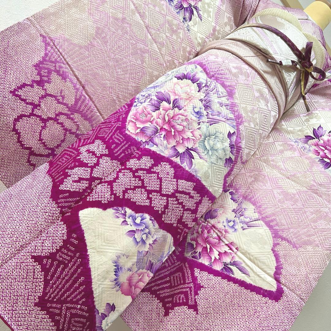 338 振袖フルセット 正絹 薄紫 パープル 絞り 銀彩 暈し染め やまと