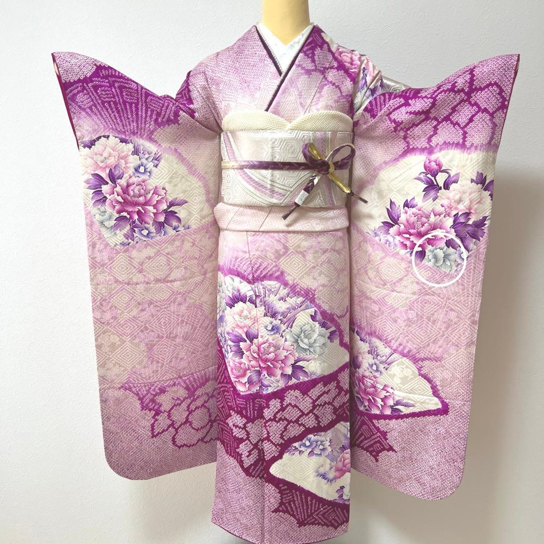 338 振袖フルセット 正絹 薄紫 パープル 絞り 銀彩 暈し染め やまと