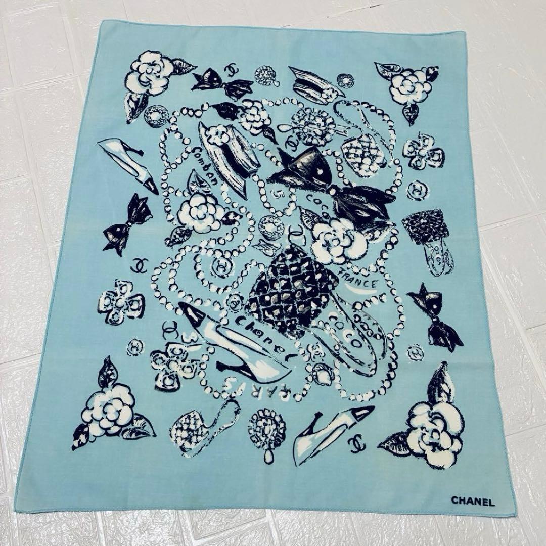 レア◇ CHANEL シャネル 水色 大判 ハンカチ 花柄 スカーフ バンダナ
