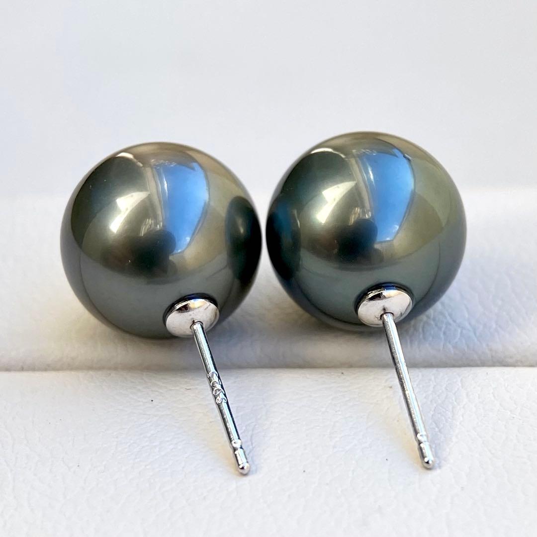 本真珠南洋黒蝶真珠グリーン11.45㍉大玉s925直結ピアスBL934