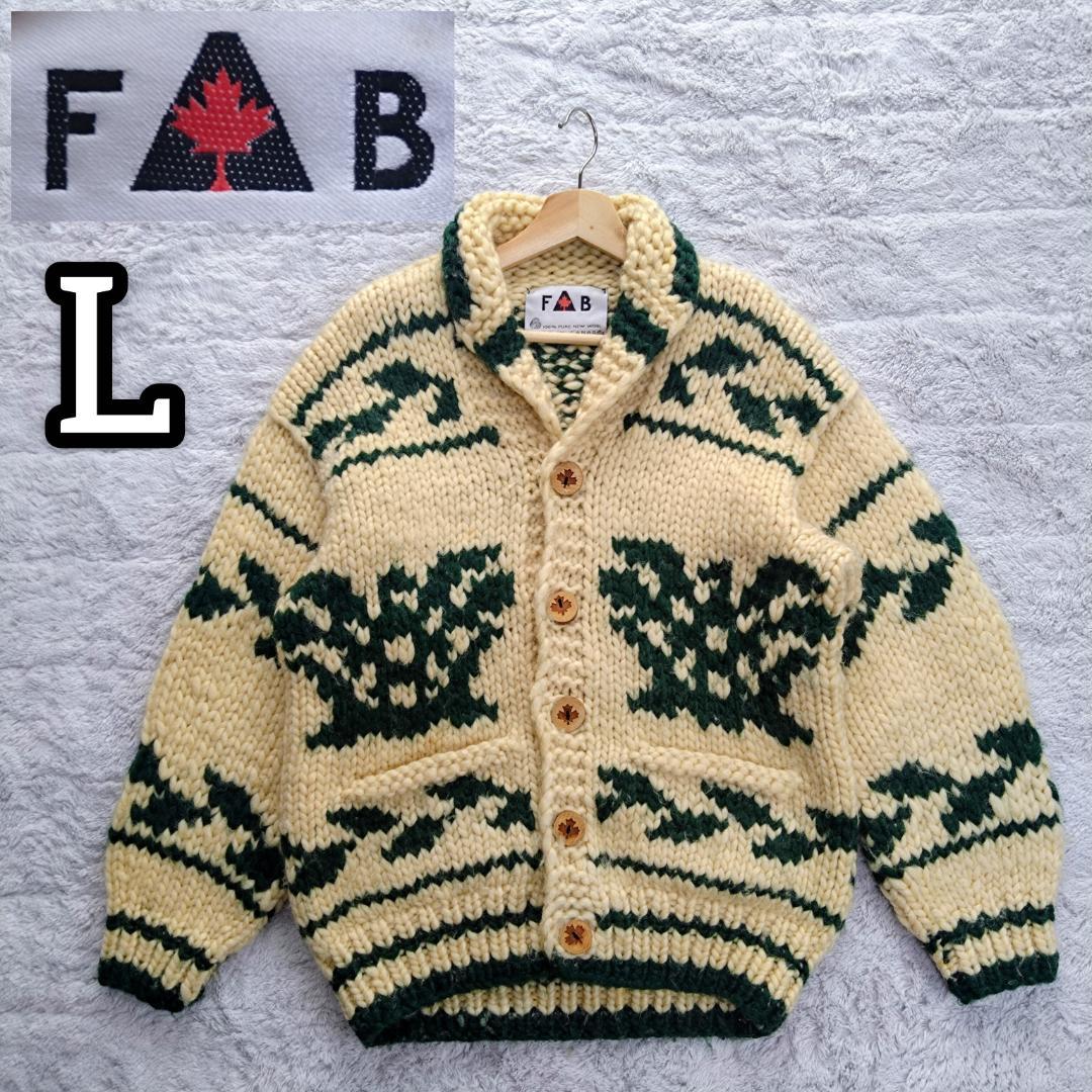 美品FABファブ カウチンセーター CANADA ウッドボタン インディアン