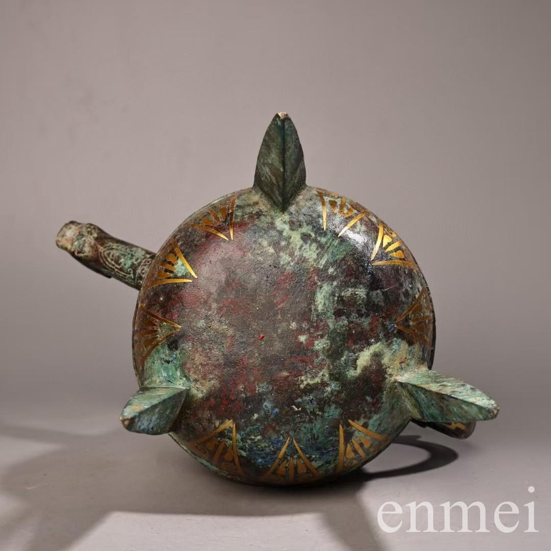 中国古美術・旧蔵搓金装飾付き銘文入り青銅酒壺・青銅・純手作り・高