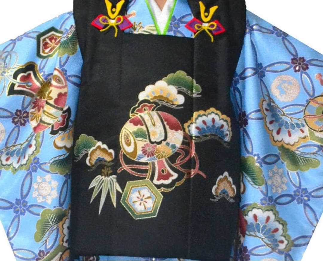 半額以下　1点のみ　若干訳あり　七五三 着物 3歳 男の子 被布セット 黒　水色