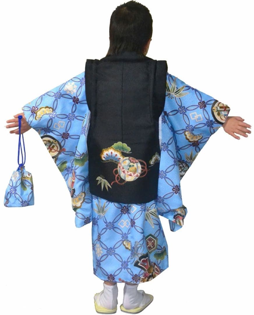 半額以下　1点のみ　若干訳あり　七五三 着物 3歳 男の子 被布セット 黒　水色