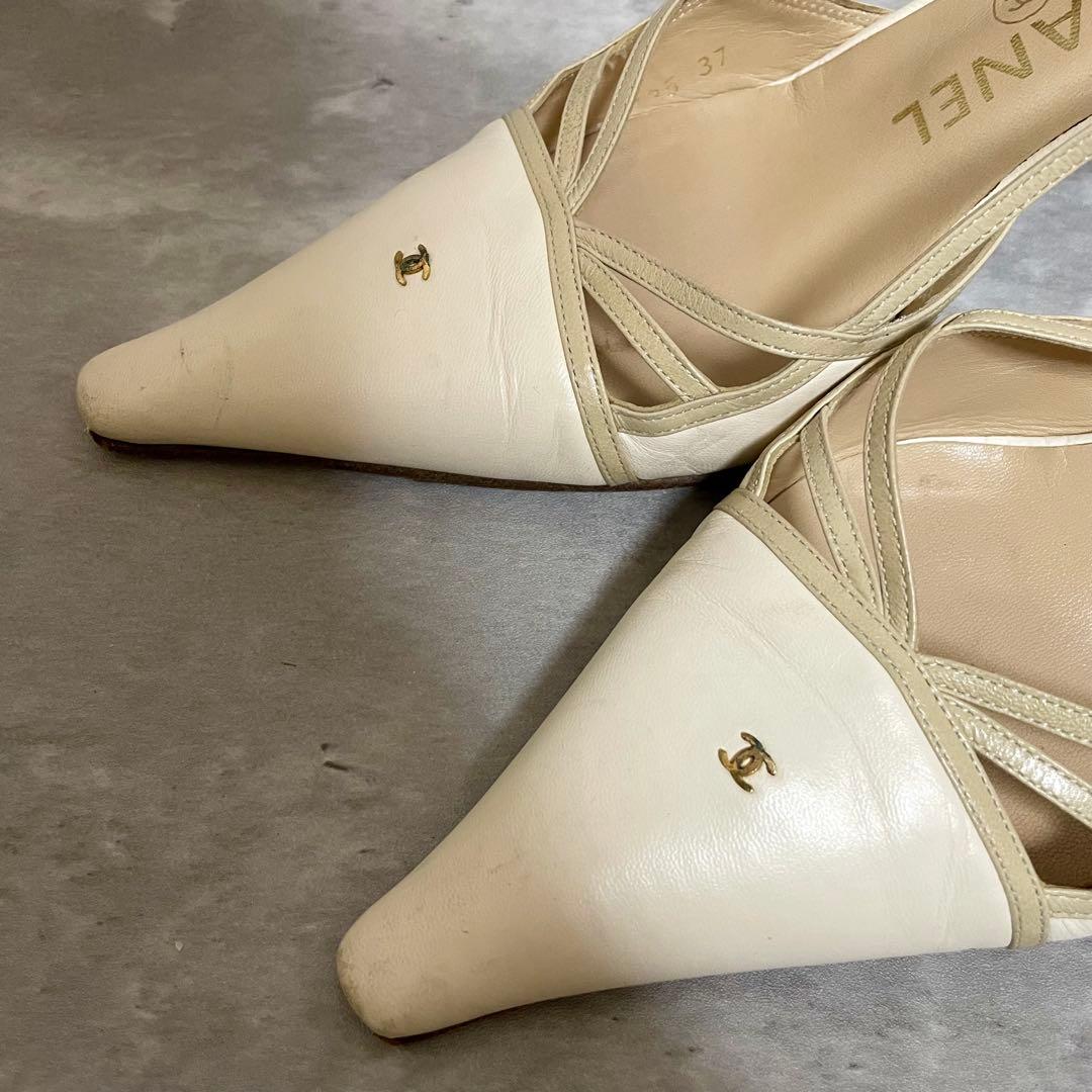 CHANEL シャネル パンプス ミュール ココマーク ホワイト ヒール 37