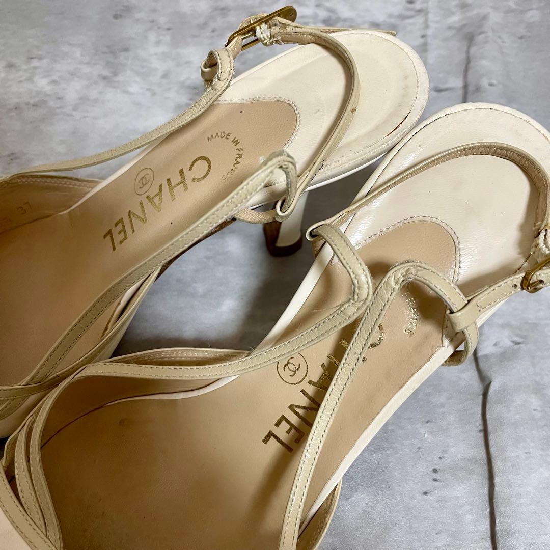 CHANEL シャネル パンプス ミュール ココマーク ホワイト ヒール 37