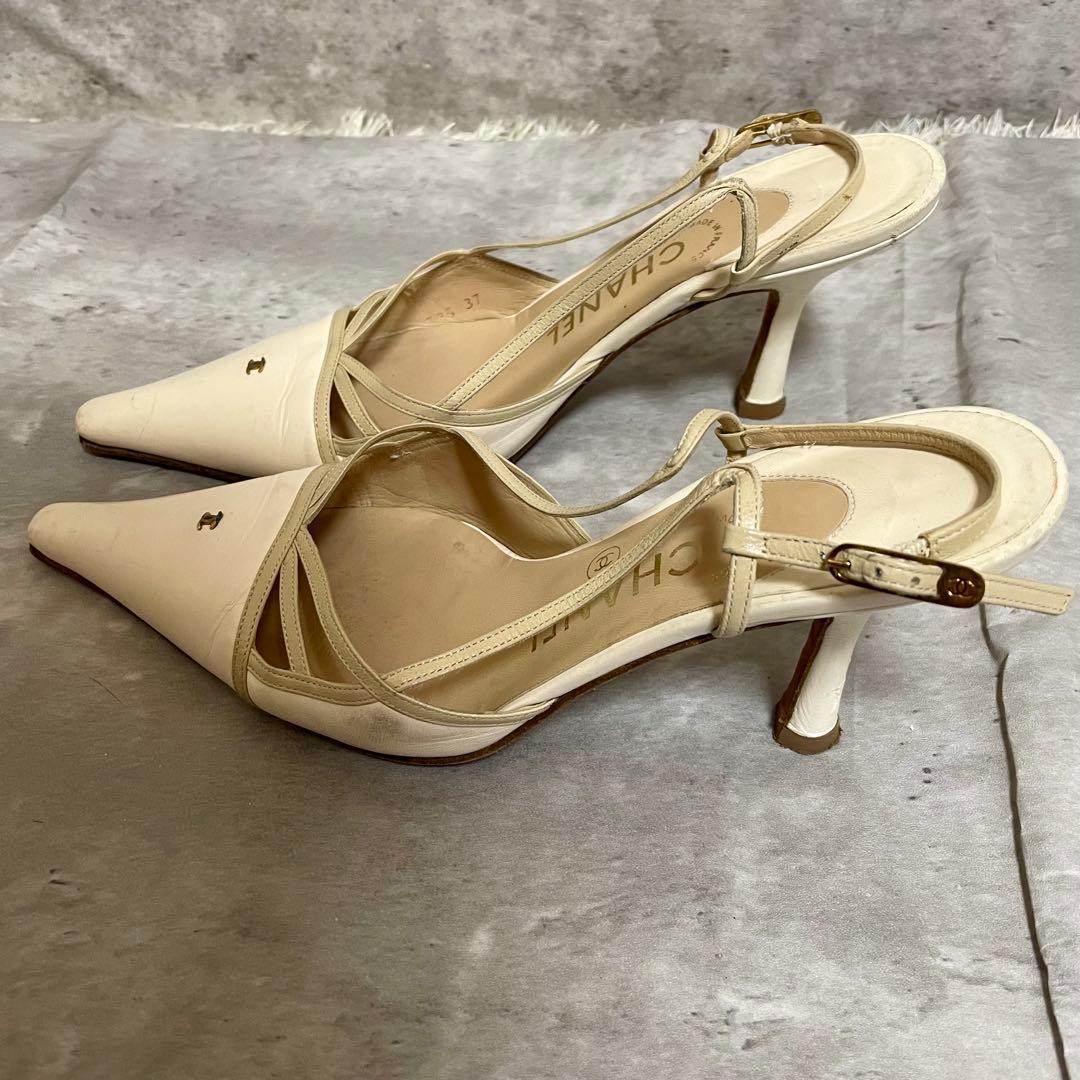 CHANEL シャネル パンプス ミュール ココマーク ホワイト ヒール 37