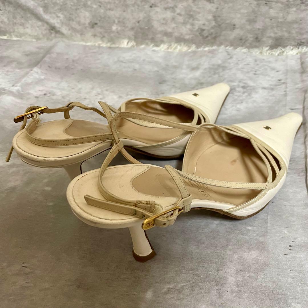 CHANEL シャネル パンプス ミュール ココマーク ホワイト ヒール 37