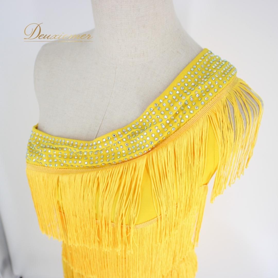 【美品 社交ダンス衣装】ワンピース ドレス ラテン 黄色 イエロー フリンジ