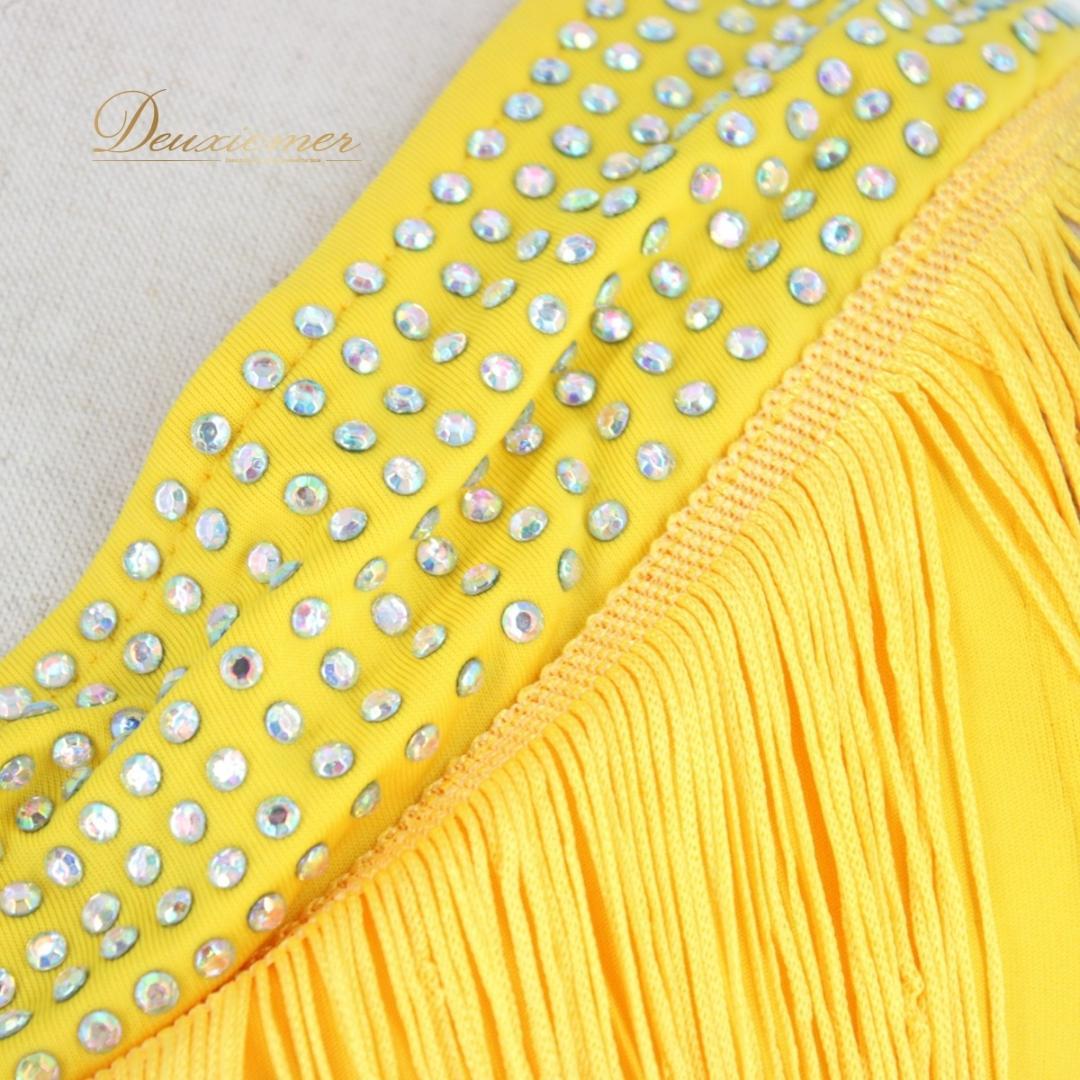 【美品 社交ダンス衣装】ワンピース ドレス ラテン 黄色 イエロー フリンジ