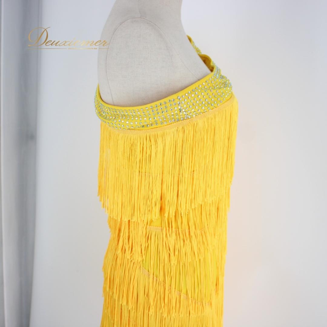 【美品 社交ダンス衣装】ワンピース ドレス ラテン 黄色 イエロー フリンジ