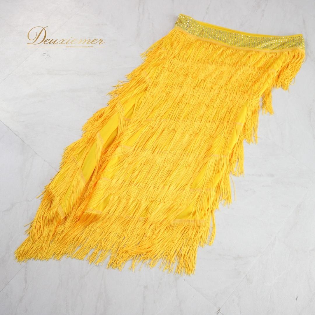 【美品 社交ダンス衣装】ワンピース ドレス ラテン 黄色 イエロー フリンジ