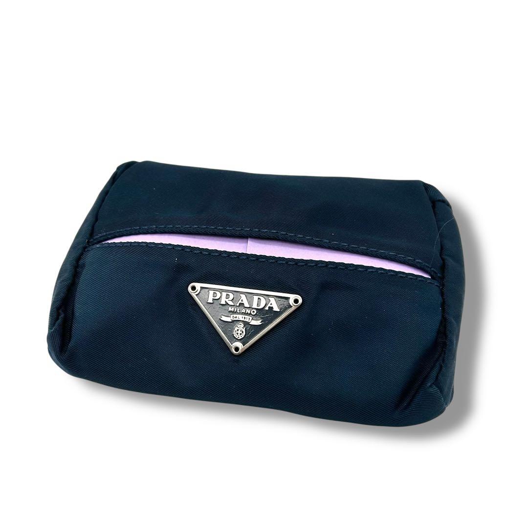 美品】PRADA プラダ ネイビー ポケットティッシュカバー 三角プレート