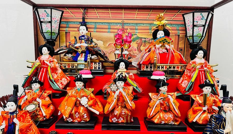 お雛様 ガラスケース入り 雛人形十五人 コンパクト 高さ71cm 巾74奥行54