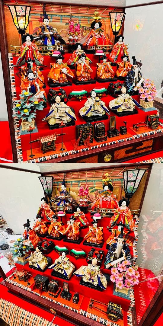 お雛様 ガラスケース入り 雛人形十五人 コンパクト 高さ71cm 巾74奥行54