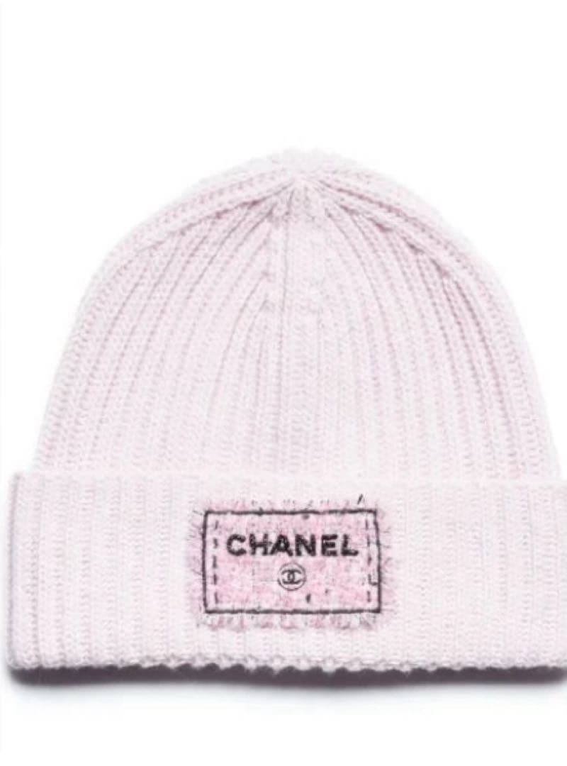値下げ！新品未使用 シャネル ニット帽 ツイードロゴ 刺繍 ピンク 25K