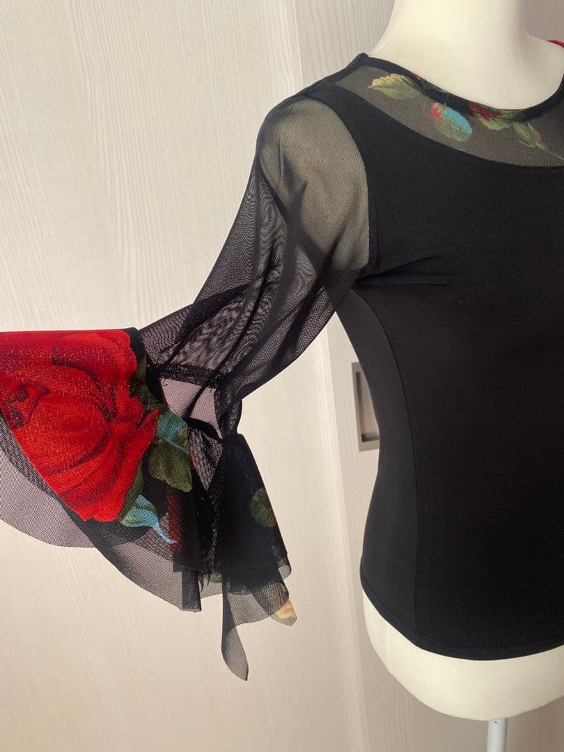 タカダンス・黒いフリル付きメッシュ袖トップス