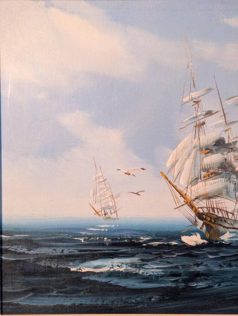 【真作】絵画　油彩6号　大海原を駆ける帆船　青空と波の詩　自由への航海　U194