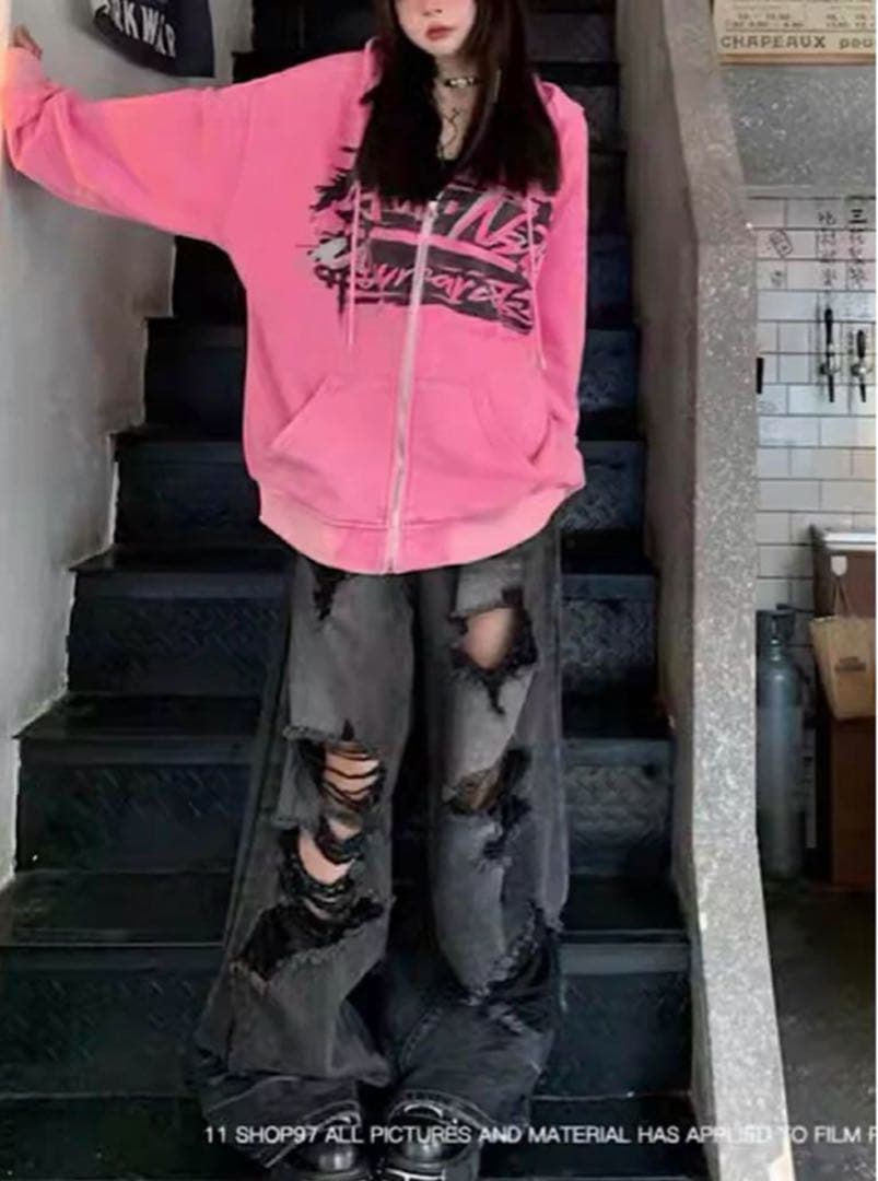 あ*様 Eleven shop97 ダメージワイドデニム 黒 XL-代引可