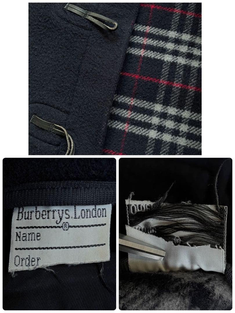 【美品】バーバリーズ ダッフルコート 裏地チェック柄 ウール ネイビー 英国製
