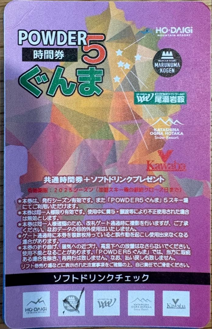 ぐんまPOWDER5 時間券 残り10時間 POWDER5ぐんま 10時間券 残り9時間