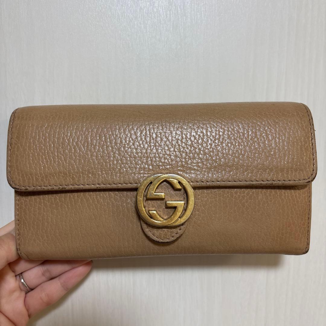 Gucci ベージュ レザー 長財布 GGロゴ