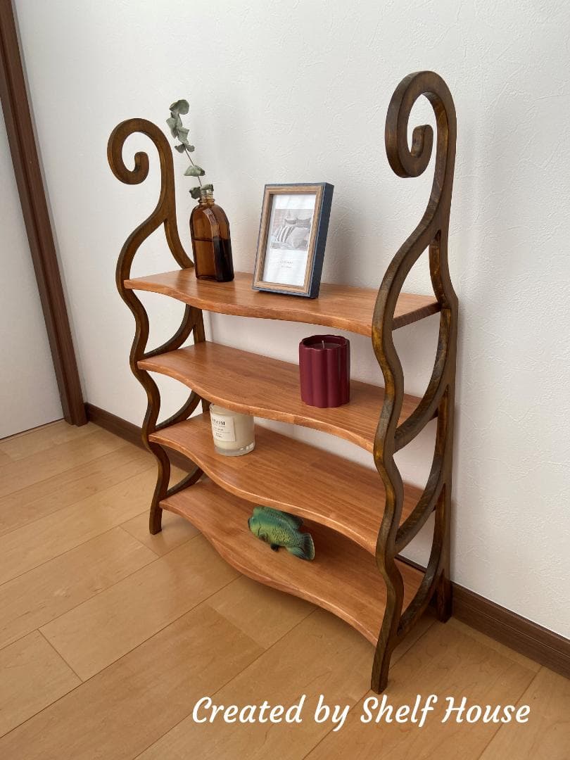 アンティーク調の曲線木製棚 K オープンラック アンティーク風 木製 [幅75] 4段 高さ調節可能 Memory