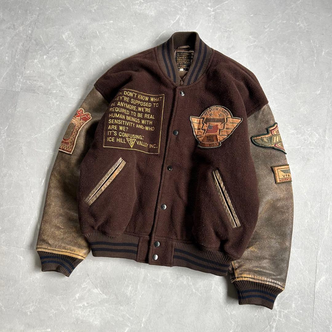 90s OLD 袖レザー スタジャン 本革 ウール ブラウン 古着 短丈 刺繍