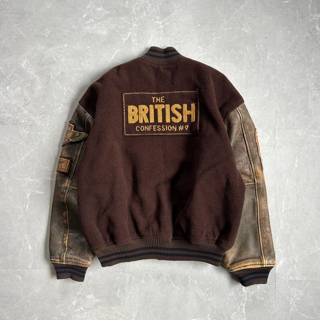 90s OLD 袖レザー スタジャン 本革 ウール ブラウン 古着 短丈 刺繍