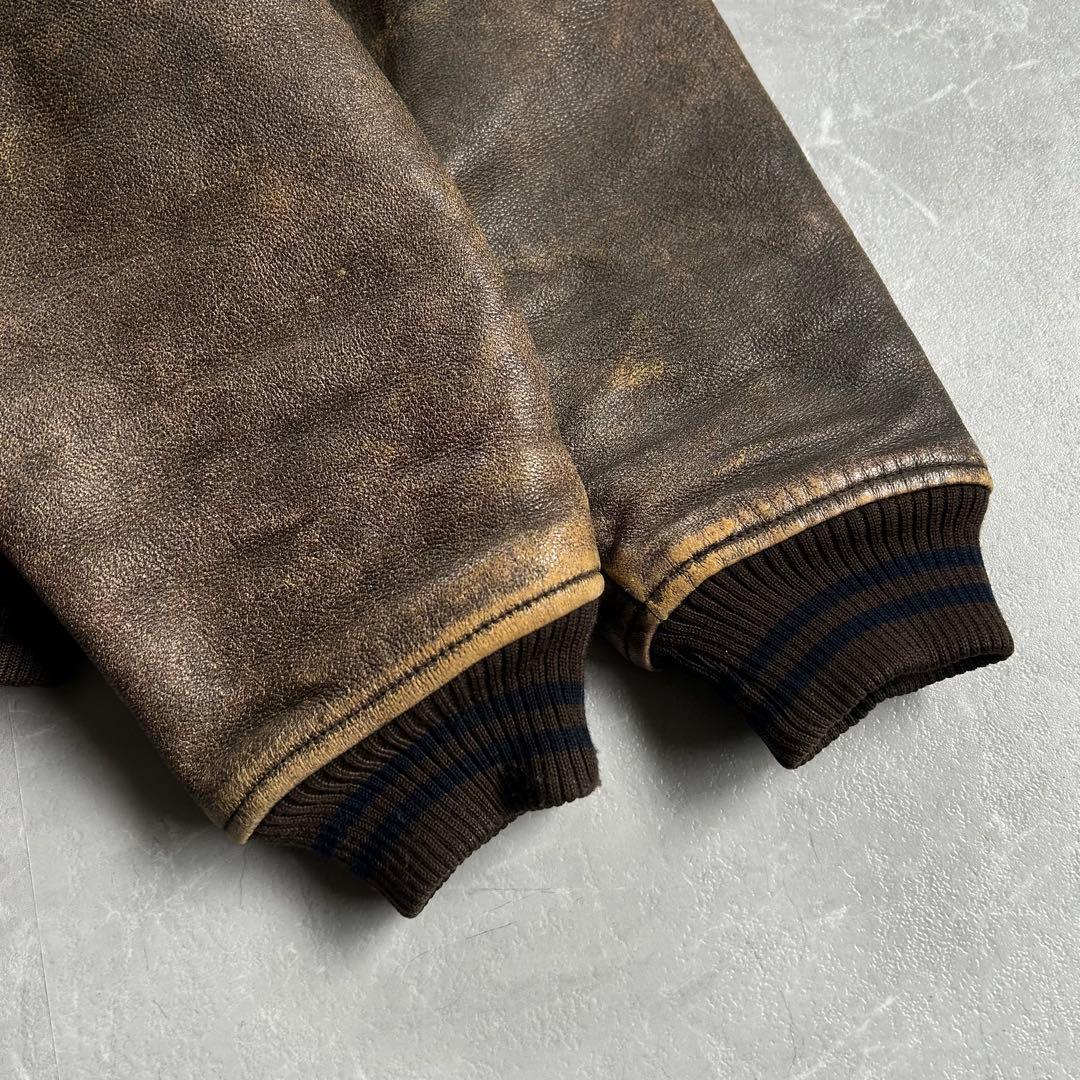 90s OLD 袖レザー スタジャン 本革 ウール ブラウン 古着 短丈 刺繍