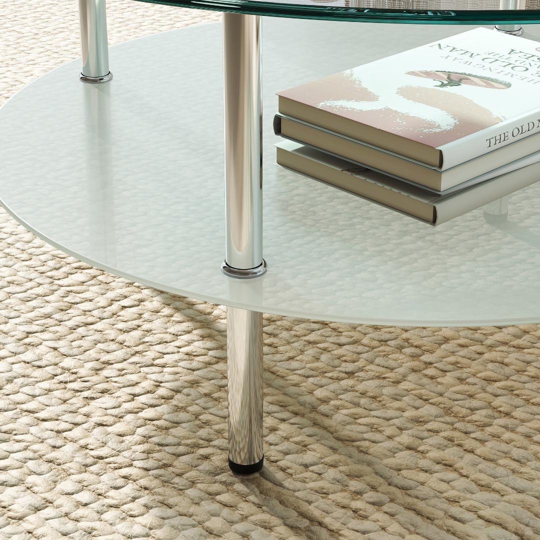 【アサギ】丸型 二段ラウンドコーヒーテーブル 強化ガラス天板+MDF収納棚