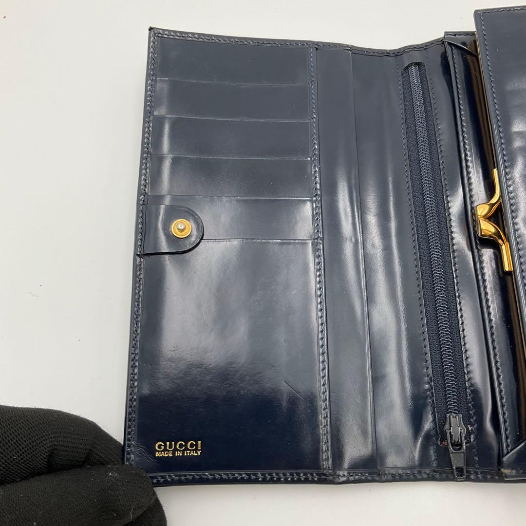 グッチ GUCCI 長財布 がま口 エナメル ネイビー