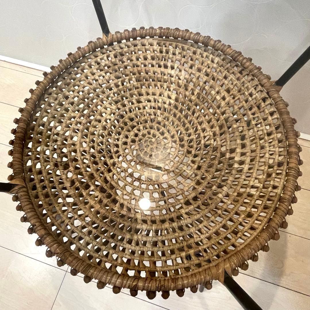 美品】ラタン ガラス天板 サイドテーブル 照明付き 間接照明 籐家具