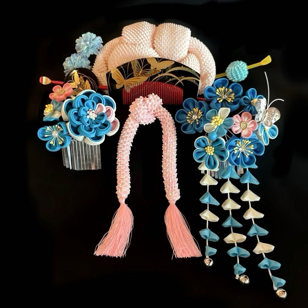 日本髪 髪飾り 七五三(7歳)～成人式 (ブルー×ピンク)