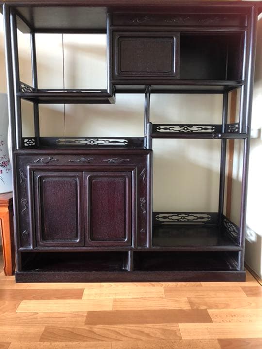 【美品】清代紫檀家具 紫檀茶箪笥 透かし彫り飾り棚 古董品